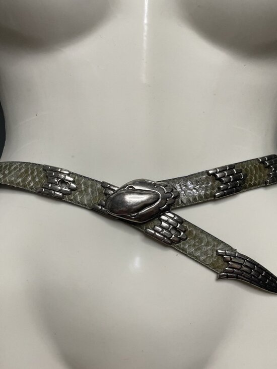 Morgan Taylor Vintage 80s Genuine Snakeskin Snake Belt Medium Green & Silver main image 13